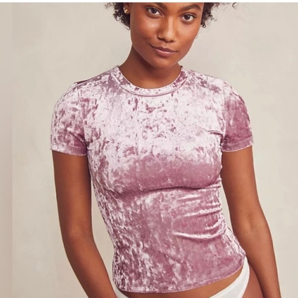 Free People M Intimately Pink Crushed Velvet Fitted Short Sleeve Crewneck Top
